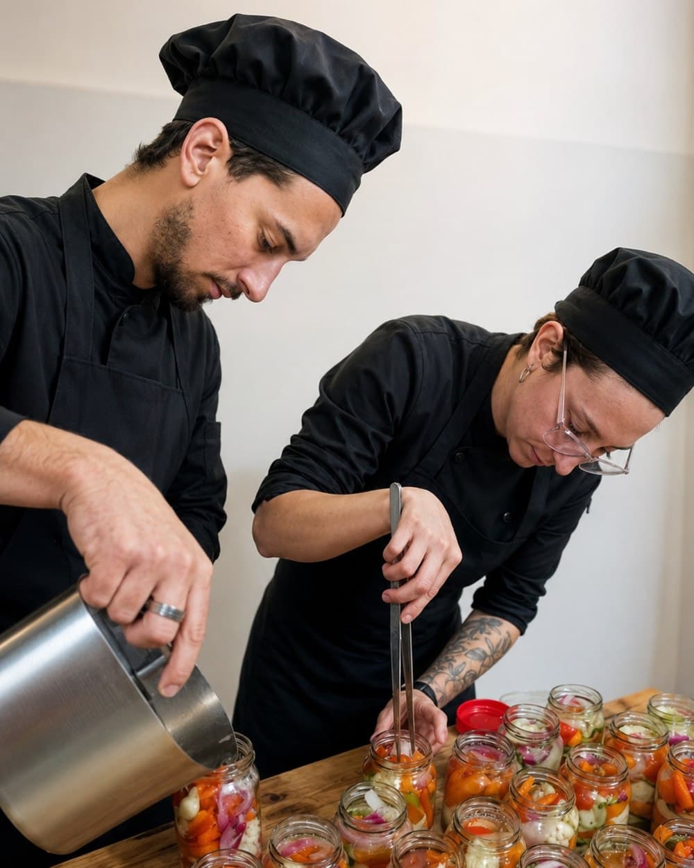 Miky y Fede, con chaqueta y gorro de cocina, llenando frascos de pickles sobre una mesa de madera